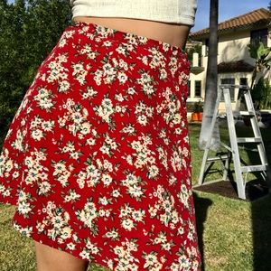 Red Floral Print High Waisted Skater Skirt, Small